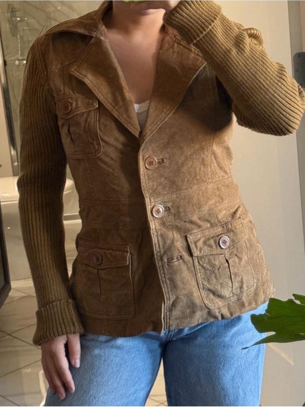 Lipsy Tan Suede Front Blazer with Ribbed Knit Sleeves